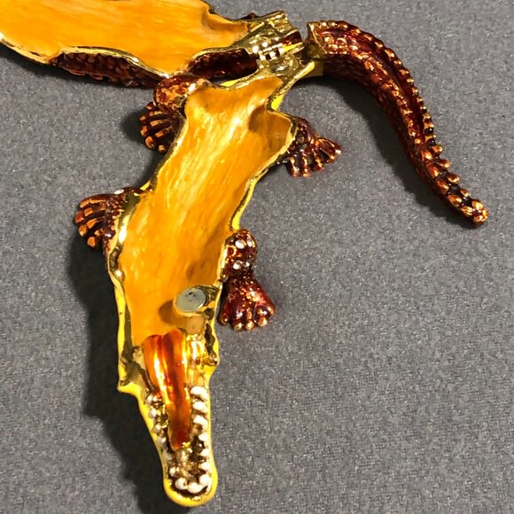 Enameled Alligator Crocodile Trinket Box Rhinestone Hinged Bejeweled - Picture 7 of 13